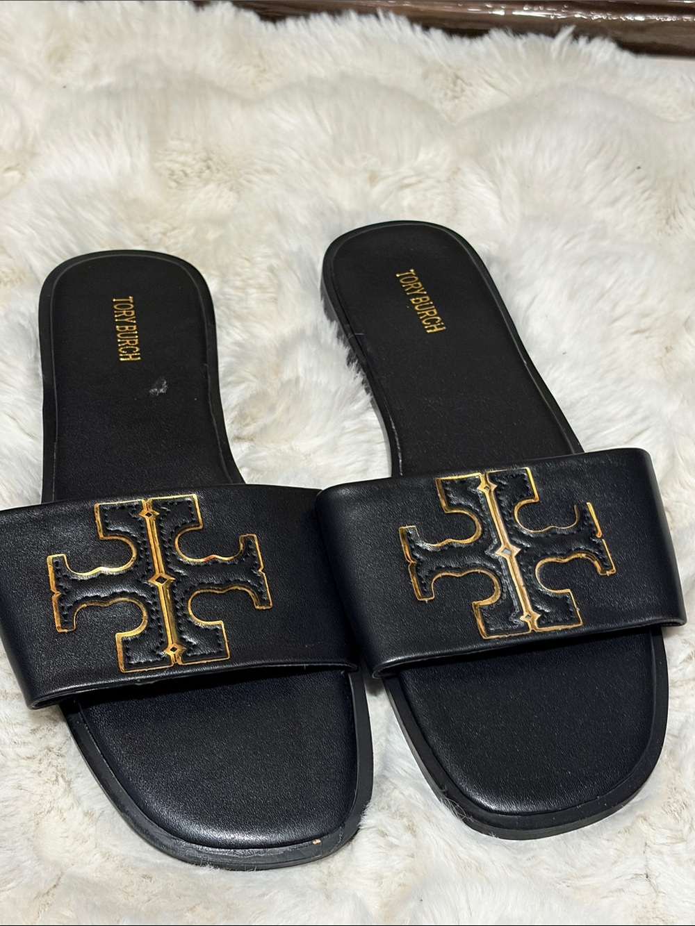 Black Leather Slide Sandals with Gold Logo